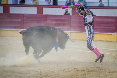 İspanya 'nın Pozoblanco Bulvarı' ndaki klasik Taurine Sanat Hareketi bayraklı İspanyol Boğa güreşçisi. 