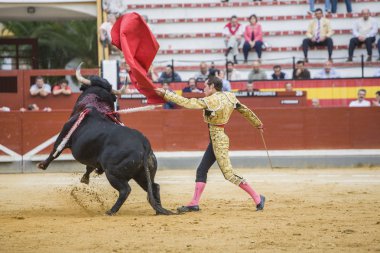 İspanyol Boğa güreşçisi Cesar Jimenez paseillo veya Jaen Arena, İspanya, ilk geçit boğa güreşi bekleyen sokakta