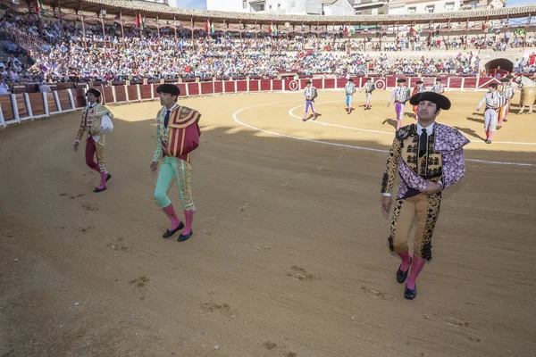 Spanish bullfighters at the paseillo or initial parade in bullring of Ubeda, Spain — Stock Photo, Image