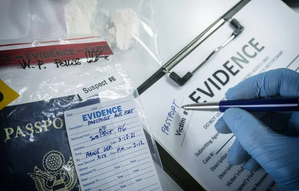 Criminologista Policial Que Trabalha Interceptação Drogas Imagem Conceitual — Fotografia de Stock