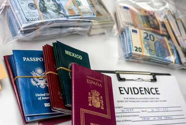 Different passports decommissioned in police investigation unit, conceptual image