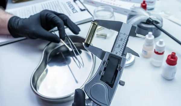 Scientific Police Examining Bullet Cap Ballistic Laboratory Conceptual Image — Stock Photo, Image