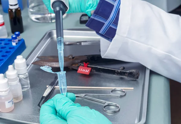 Police Scientist Holds Vial Blood Trace Swab Investigate Murder Crime — Stock Photo, Image