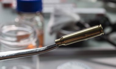 Kriminalist Laboratuvar, Bilimsel polis memuru balistik analiz ve kavramsal görüntü için cımbızla kurşun uçları tutuyor.