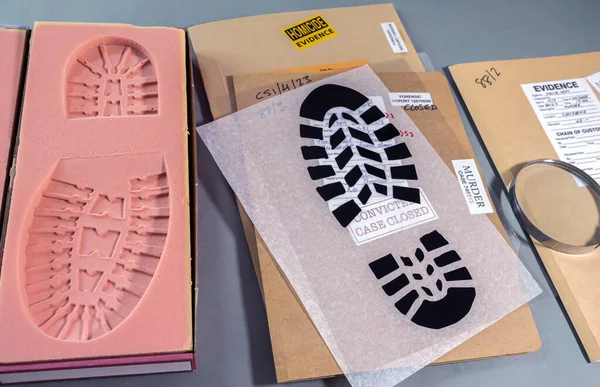 Científico Forense Investiga Evidencia Moldes Huellas Zapatos Laboratorio Criminal Imagen —  Fotos de Stock