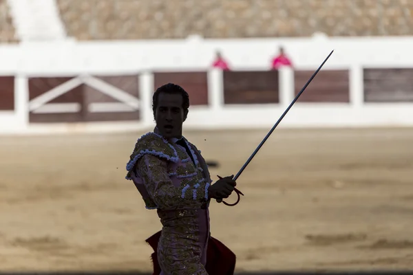 Silueta de un torero con espada en alto después de la lucha en el — Foto de Stock