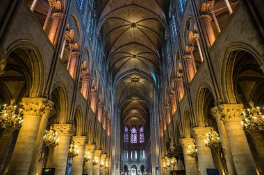 Wide shot of Notre Dame cathedral interior clipart