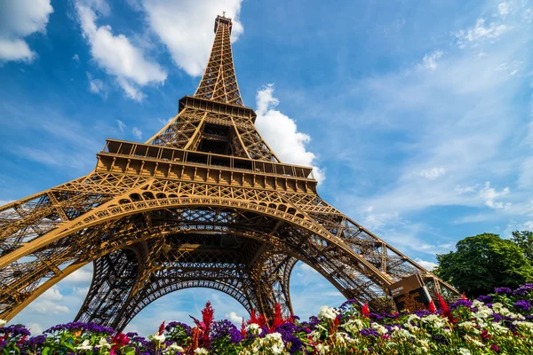 Wide shot of Eiffel Tower with dramatic sky and flowers — Stok Foto