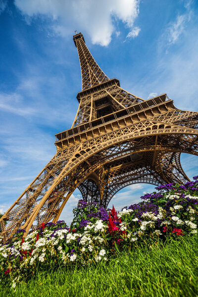 Eiffel Tower under dramatic sky 