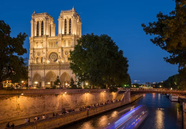 Catedral de Notre Dame ao entardecer com luzes embaçadas sobre o Sena — Fotografia de Stock
