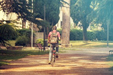 Bisiklet süren, sırt çantalı genç bir adam. Parkta spor yapan birinin arka görüntüsü. 