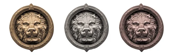 Beyaz arka planda eski metal aslanlar, altın, gümüş ve bronz eski madalyalar.