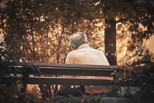 Senior Man Sitting Alone Lonely Gray Haired Man Bench Fall Stock Picture