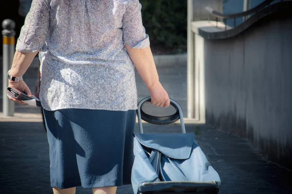 Old Woman Walking Trolley Mature Female Travel City Copy Space Royalty Free Stock Images