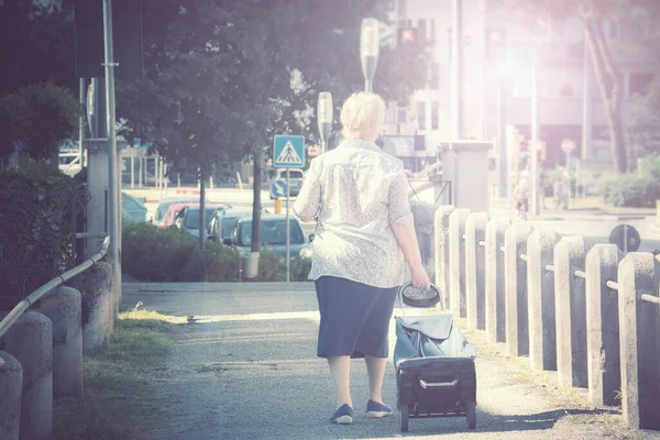 Staruszka Wózkiem Mieście Kobieta Podróżująca Bagażem Zdjęcie Stockowe