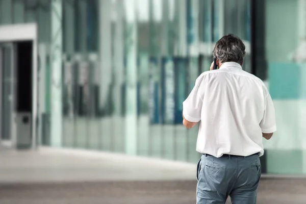 Vue Arrière Homme Élégant Parlant Téléphone Fond Déconcentré Pour Texte Photos De Stock Libres De Droits