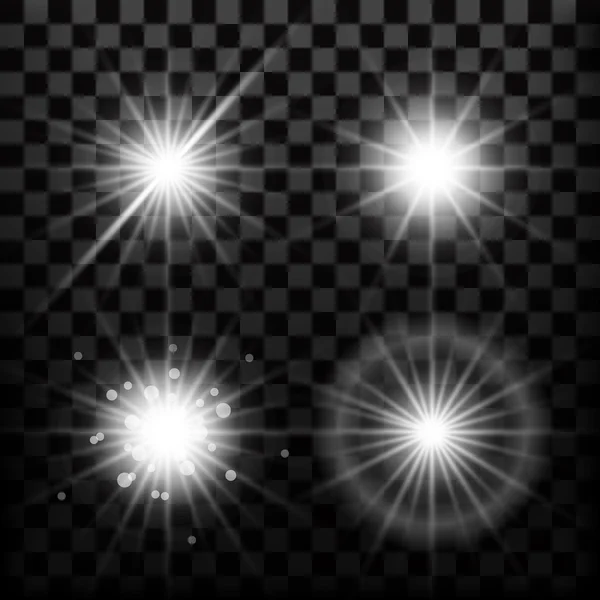 Realistische sterren lichten en gloed licht stralen of sparkles elementen — Stockvector