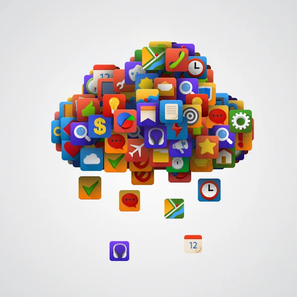 Nuvem com muitos ícones de aplicativos — Vetor de Stock