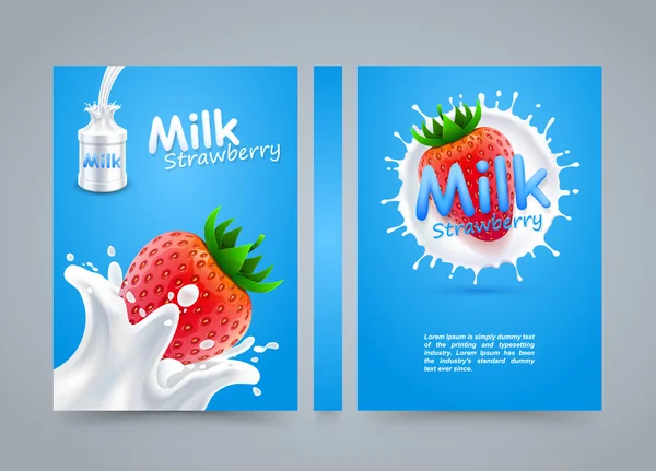 Label milk strawberry cover, banner splashing banner, A4 size — Stock Vector