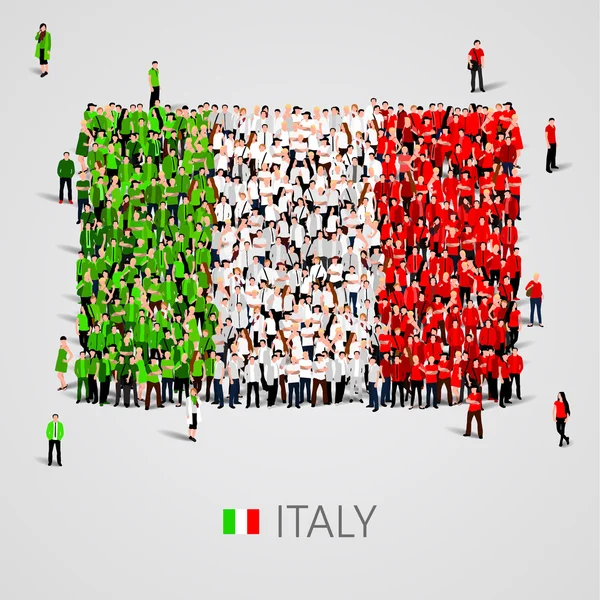 Grande gruppo di persone nella forma della bandiera italiana . — Vettoriale Stock