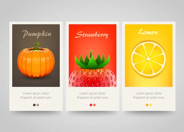 Bannières verticales modernes colorées pour fruits, légumes et baies . — Image vectorielle