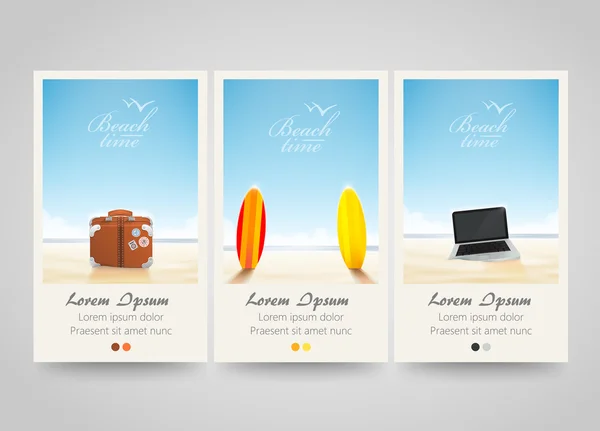 Travel banner set with surf, laptop, bag. — Stock Vector