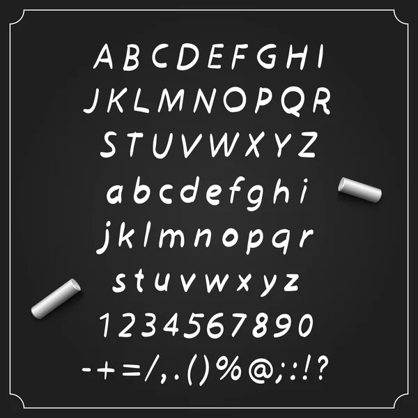 英語フォント、記号、アルファベット、数字、ベクトル図のセットを持つボードをスケッチします。, — ストックベクタ