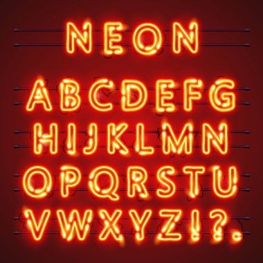Neon yazı tipi metin. Lamba işareti. Alfabe. Vektör çizim