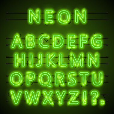 Neon yazı tipi metin. Yeşil eps. Lamba. Alfabe. Vektör çizim