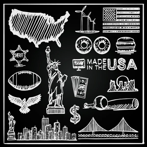 Kreidetafel Sammlung von Ikonen der Vereinigten Staaten, Amerika Skizzen Set, USA Zeichen, Vektorillustration — Stockvektor