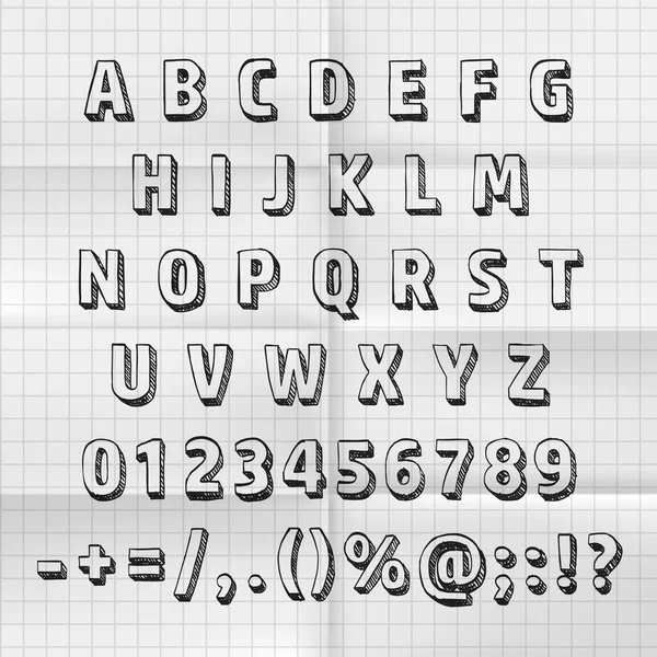 Schets lettertype instellen op papier abc teken, vectorillustratie — Stockvector