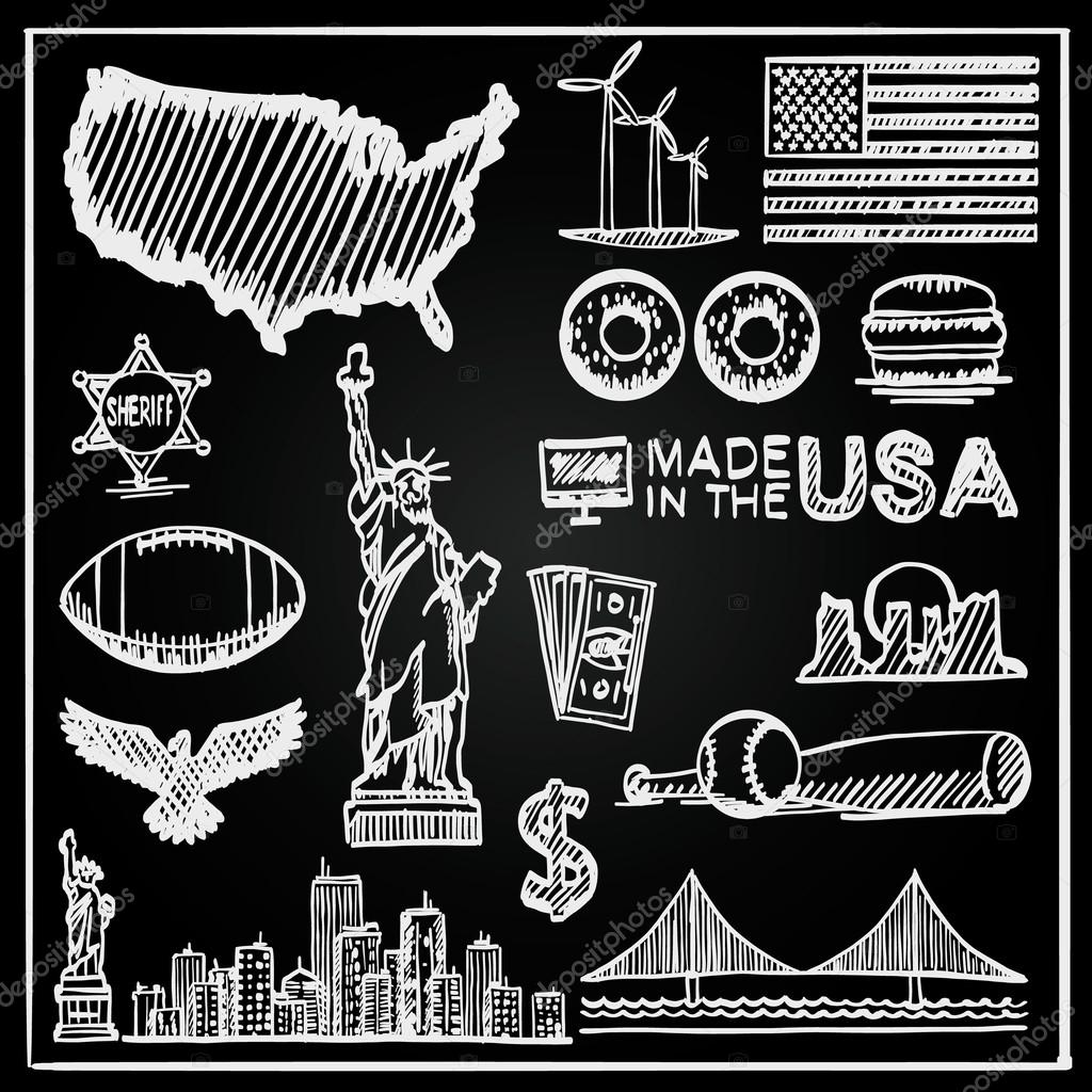 Chalkboard Collection of icons the United States, America sketch set