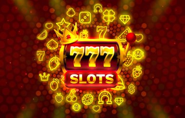 777 slot neon ikonu, kumarhane slot makinesi, gece Vegas. Vektör