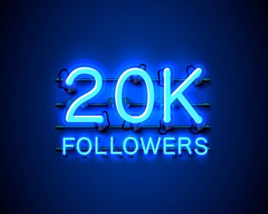 Teşekkürler takipçiler, 20k çevrimiçi sosyal grup, neon mutlu bayrak kutlaması, Vektör