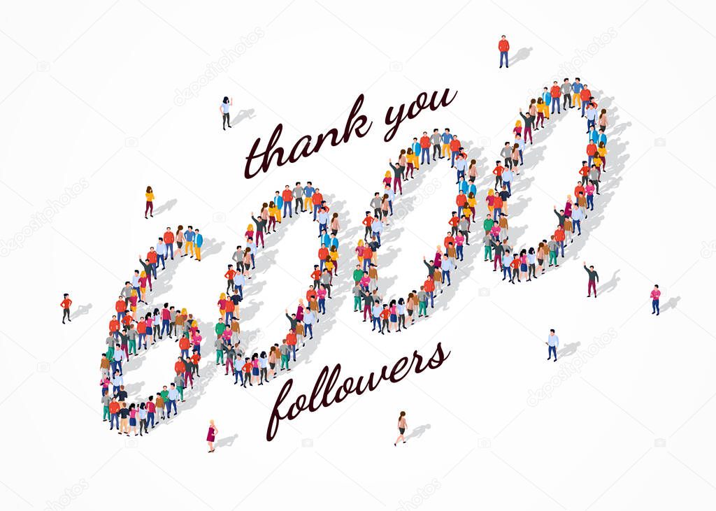 6K Followers. Group of business people are gathered together in the shape of 6000 word, for web page, banner, presentation, social media, Crowd of little people. Teamwork. Vector illustration