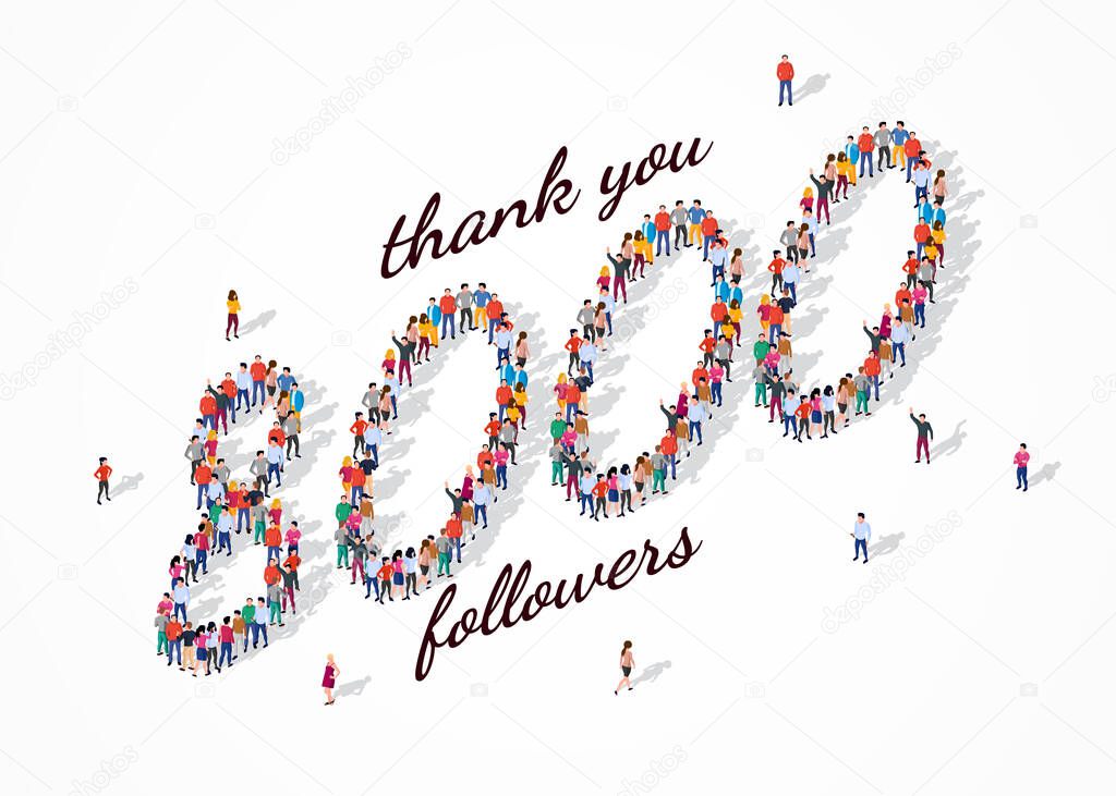 8K Followers. Group of business people are gathered together in the shape of 8000 word, for web page, banner, presentation, social media, Crowd of little people. Teamwork. Vector illustration