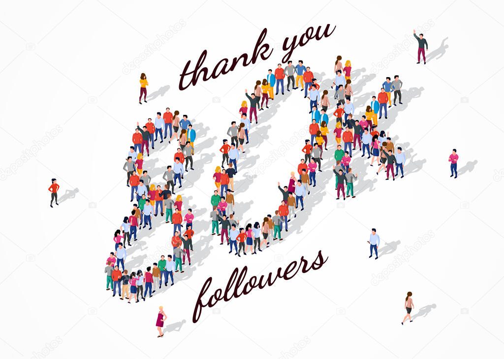 80K Followers. Group of business people are gathered together in the shape of 80000 word, for web page, banner, presentation, social media, Crowd of little people. Teamwork. Vector illustration