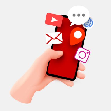 El ele tutuşan akıllı telefon ve uygulama simgeleri bulutu. Mobil uygulamalar kavramı.