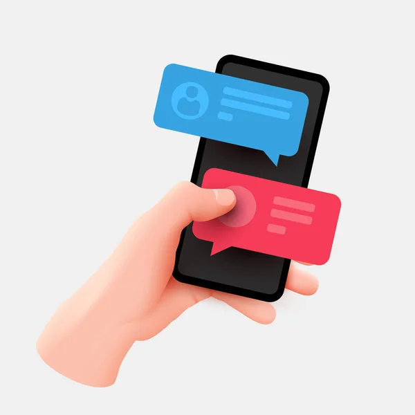 Main tenant le téléphone avec des messages courts. Discuter avec des amis et envoyer des messages. Boîtes à bulles vocales colorées sur l'écran du smartphone. — Image vectorielle