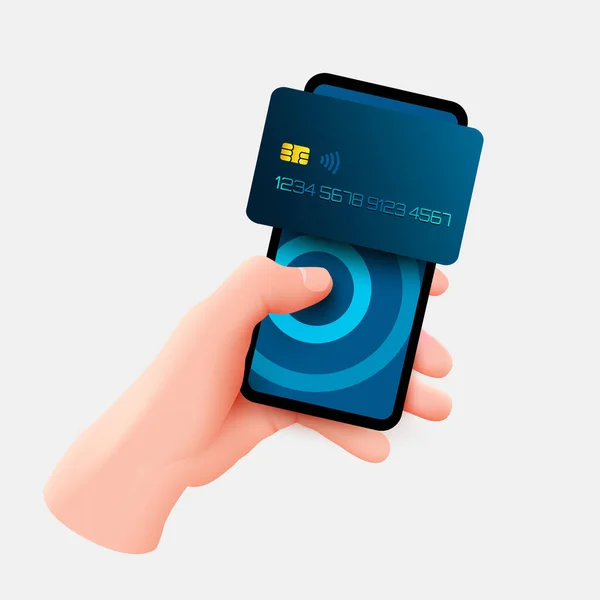 Mobile Banking App und E-Payment. Hand aufs Smartphone und per Kreditkarte per elektronischer Brieftasche drahtlos am Telefon bezahlen. Online-Banking. Einkaufen per Telefon und verbundener Karte. — Stockvektor