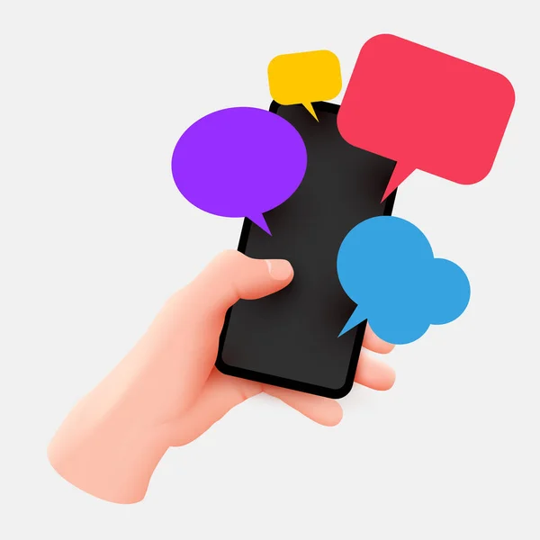 Mão segurando telefone com mensagens curtas. Conversar com amigos e enviar mensagens. Caixas de bolhas de fala coloridas na tela do smartphone. —  Vetores de Stock