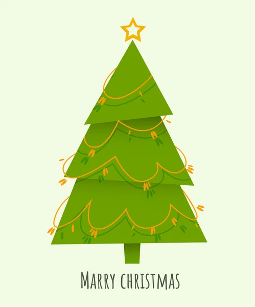 Gedecoreerde driehoekige kerstboom met ster, ballen en kralen slinger, geïsoleerd op witte achtergrond. Nieuwjaar en Vrolijk Kerstfeest wenskaart, poster, icoon. Cartoon stijl. — Stockvector