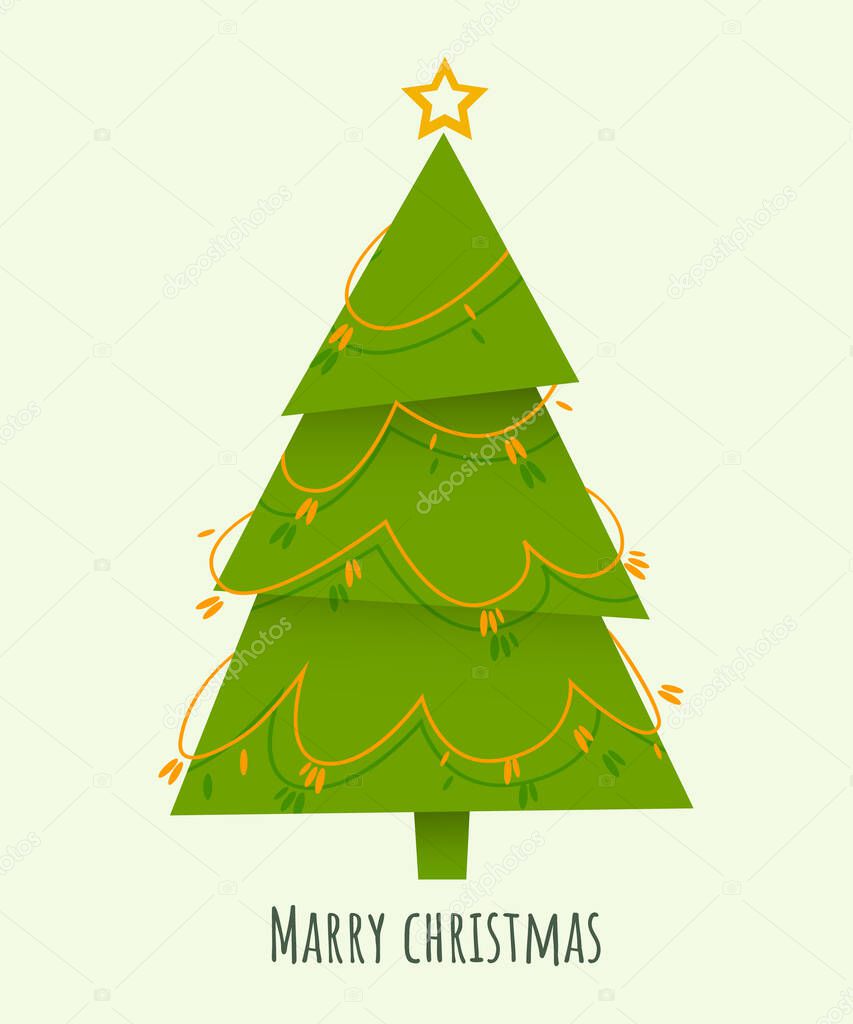Decorated triangular Christmas tree with star, balls and beaded garland, isolated on white background. New Year and Merry Christmas greeting card, poster, icon. Cartoon style.