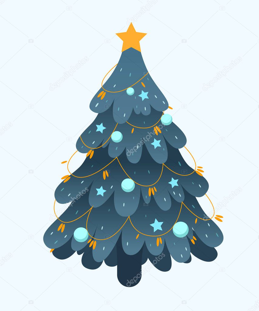 Decorated Christmas tree with star, balls and beaded garland, isolated on white background. New Year and Merry Christmas greeting card, poster, icon. Cartoon style.