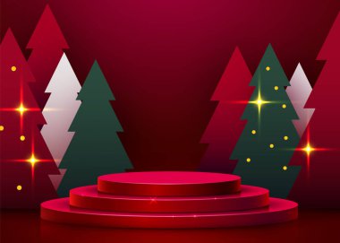  Sahneyi kurgula. Kozmetik ürün gösterimi için podyum şekli. Sahne kaidesi ya da platformu. Ağaç xmas ile kışın kırmızı arka plan.