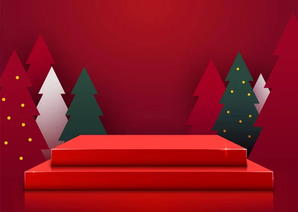 Arrepiar a cena. Forma de pódio para exibição de produtos cosméticos. palco pedestal ou plataforma. Inverno Natal fundo vermelho com árvore xmas. — Vetor de Stock