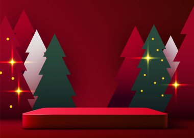 Sahneyi kurgula. Kozmetik ürün gösterimi için podyum şekli. Sahne kaidesi ya da platformu. Ağaç xmas ile kışın kırmızı arka plan.
