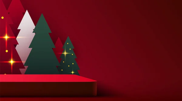 Spot met de scène. Podium vorm voor show cosmetische product display. podium voetstuk of platform. Winter Kerst rode achtergrond met boom xmas. — Stockvector