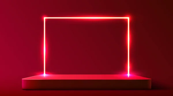 Абстрактный подиум с неоновой рамкой, освещенной прожектором. Концепция церемонии награждения. Сценический фон. — стоковый вектор