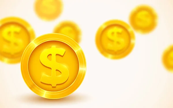 Padající mince, padající peníze, létající zlaté mince, zlatý déšť. Jackpot nebo koncept úspěchu. Moderní pozadí. — Stockový vektor